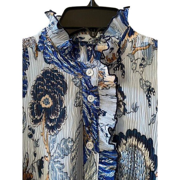Tory Burch Deneuve Paisley Dress Size 0 Blue Crinkle Floral Ruffle Long Sleeve - Picture 6 of 14